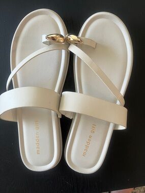 Madden Girl Cream Slide Sandals with Gold Accent Detail